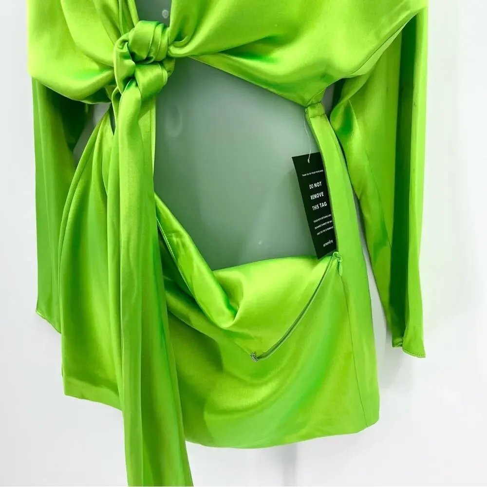 RETROFETE Knot-Detail Cut-Out Shirtdress Lime Green Deep V-Neck Tie Front Sm NEW - Picture 11 of 16